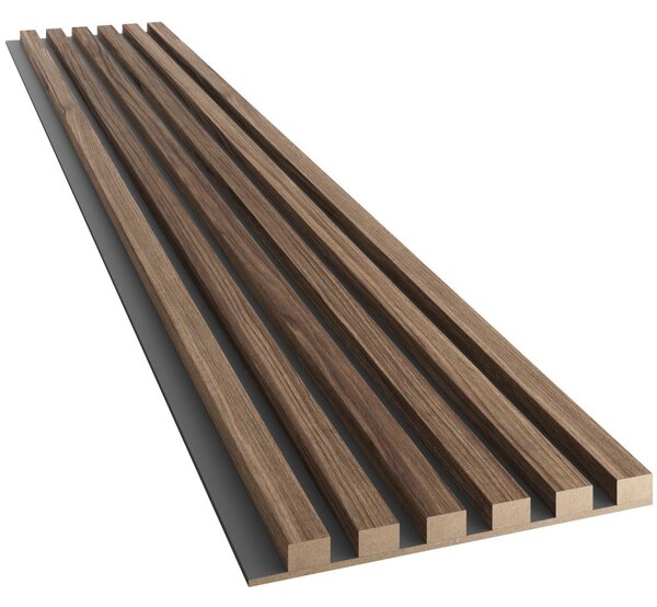 Akustický panel, podklad MDF deska, úzká lamela, ořech, 30x275 cm
