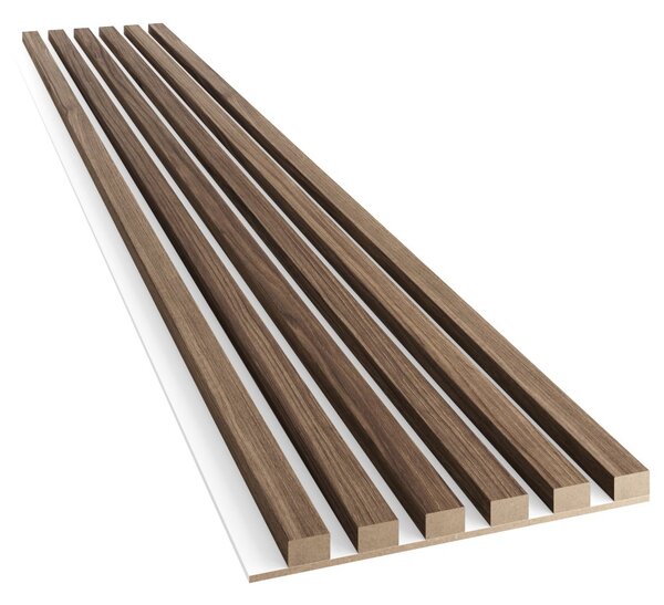 Akustický panel, podklad bílá MDF deska, úzká lamela, ořech, 30x275 cm