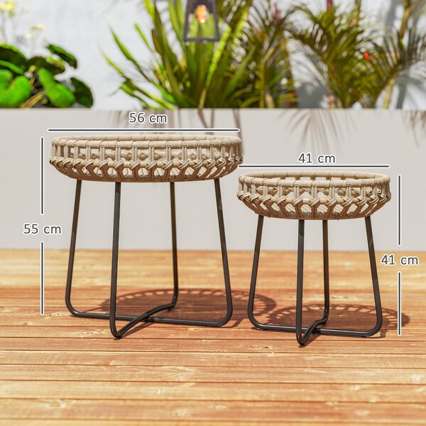 Outsunny 2dílná Sada Bočních Stolů Polyrattan Ø60/41 cm kulatý zahradní stůl s X nohami a nastavitelnými podložkami pro venkovní balkonový stůl, kavár
