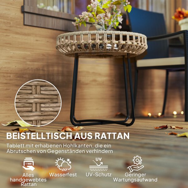 Outsunny 2dílná Sada Bočních Stolů Polyrattan Ø60/41 cm kulatý zahradní stůl s X nohami a nastavitelnými podložkami pro venkovní balkonový stůl, kavár