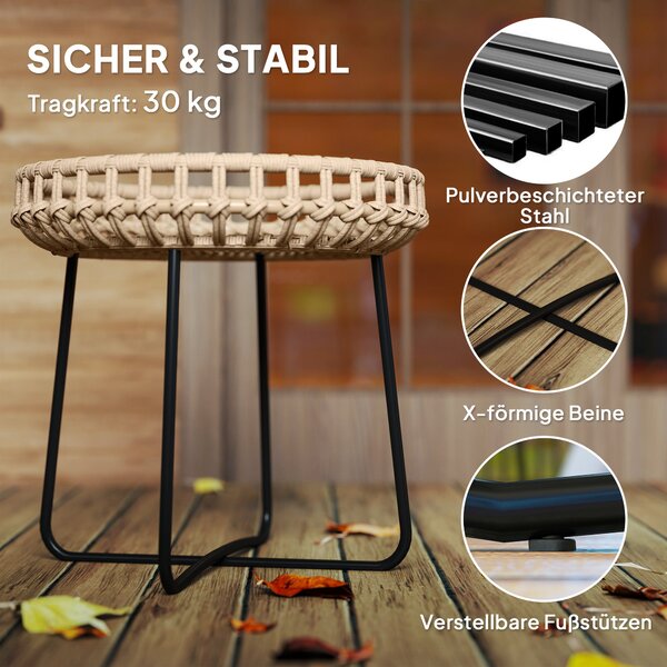 Outsunny 2dílná Sada Bočních Stolů Polyrattan Ø60/41 cm kulatý zahradní stůl s X nohami a nastavitelnými podložkami pro venkovní balkonový stůl, kavár