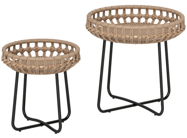 Outsunny 2dílná Sada Bočních Stolů Polyrattan Ø60/41 cm kulatý zahradní stůl s X nohami a nastavitelnými podložkami pro venkovní balkonový stůl, kavár