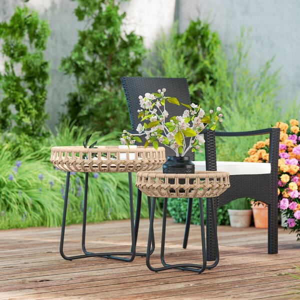 Outsunny 2dílná Sada Bočních Stolů Polyrattan Ø60/41 cm kulatý zahradní stůl s X nohami a nastavitelnými podložkami pro venkovní balkonový stůl, kavár