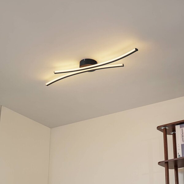 Lindby LED stropní svítidlo Ravion, 90 cm, černé, 3 000 K, Černá, Obývací pokoj / jídelna, Hliník, Moderní