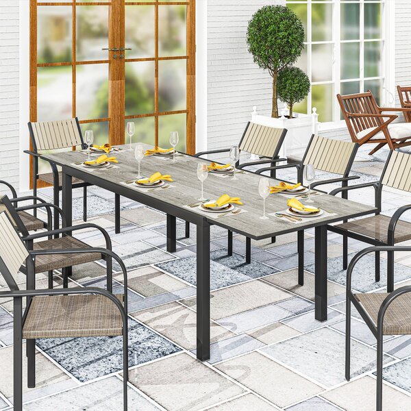 Rozkládací zahradní stůl Outsunny pro 6-8 osob, 160/240 x 90 cm, hliníkový balkonový stůl s dřevěným vzhledem, počasí odolný venkovní bufetový stůl na