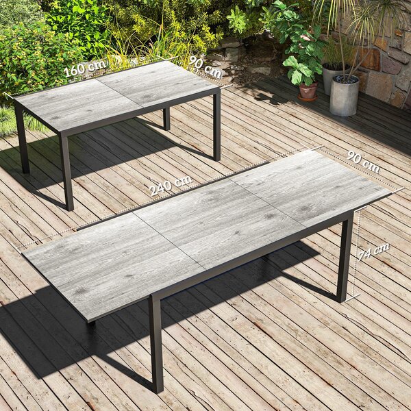 Rozkládací zahradní stůl Outsunny pro 6-8 osob, 160/240 x 90 cm, hliníkový balkonový stůl s dřevěným vzhledem, počasí odolný venkovní bufetový stůl na
