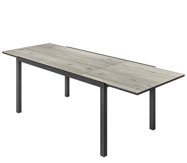 Rozkládací zahradní stůl Outsunny pro 6-8 osob, 160/240 x 90 cm, hliníkový balkonový stůl s dřevěným vzhledem, počasí odolný venkovní bufetový stůl na