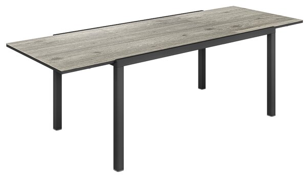 Rozkládací zahradní stůl Outsunny pro 6-8 osob, 160/240 x 90 cm, hliníkový balkonový stůl s dřevěným vzhledem, počasí odolný venkovní bufetový stůl na