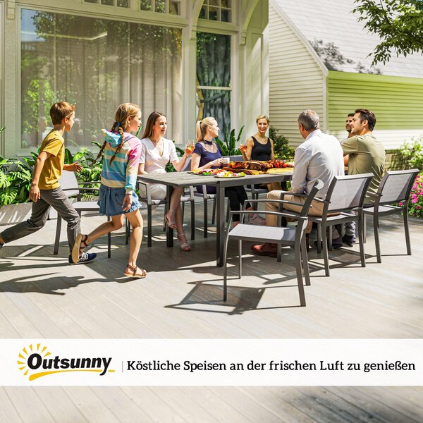 Rozkládací zahradní stůl Outsunny pro 6-8 osob, 160/240 x 90 cm, hliníkový balkonový stůl s dřevěným vzhledem, počasí odolný venkovní bufetový stůl na