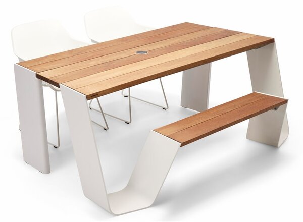 Extremis Jídelní stůl s integrovanou lavicí na jedné straně Hopper combo 180, Extremis, 178x123x74 cm, rám lakovaný hliník barva zelená verdigris, deska a sedací část iroko