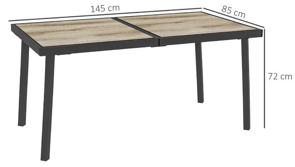 Zahradní stůl Outsunny, balkonový stůl, 145 x 85 cm terasový stůl pro 6 osob s dřevěným vzhledem, jídelní stůl do zahrady, ocelový rám, šedý | Aosom