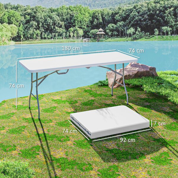 Skládací zahradní stůl Outsunny 180 x 74 cm, voděodolný bufetový stůl s rukojetí, skládací stůl pro kempování na zahradu, terasu a balkon, bílý | Aoso