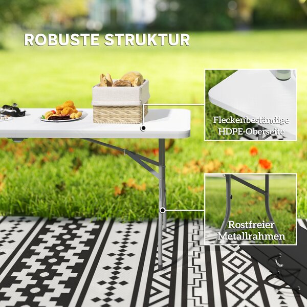 Skládací zahradní stůl Outsunny 180 x 74 cm, voděodolný bufetový stůl s rukojetí, skládací stůl pro kempování na zahradu, terasu a balkon, bílý | Aoso