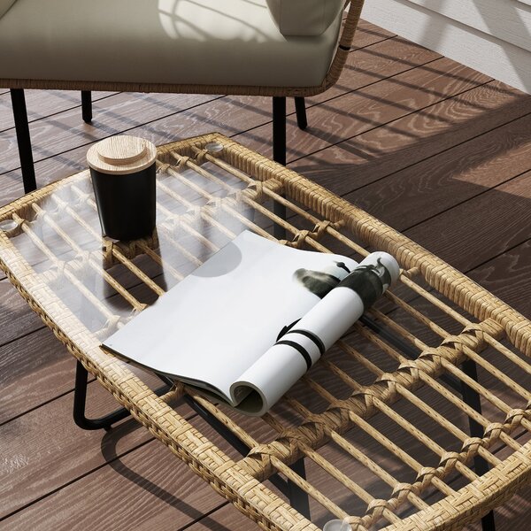 Zahradní stůl Outsunny z poly ratanového materiálu, 90 x 50 x 45 cm, UV odolný boční stůl se skleněnou deskou, obdélníkový stůl na terasu, balkonový s
