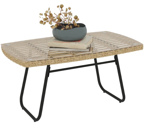 Zahradní stůl Outsunny z poly ratanového materiálu, 90 x 50 x 45 cm, UV odolný boční stůl se skleněnou deskou, obdélníkový stůl na terasu, balkonový s