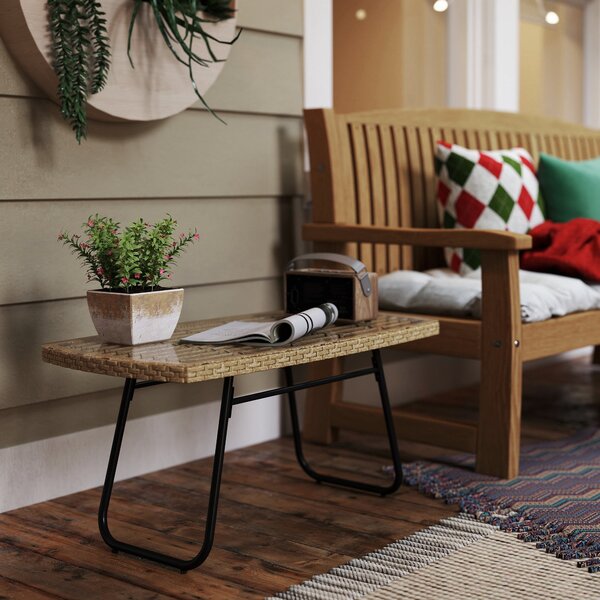 Zahradní stůl Outsunny z poly ratanového materiálu, 90 x 50 x 45 cm, UV odolný boční stůl se skleněnou deskou, obdélníkový stůl na terasu, balkonový s