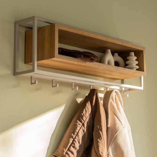 Nástěnný věšák z dubového dřeva v přírodní barvě/taupe s poličkou 78 cm School – Spinder Design