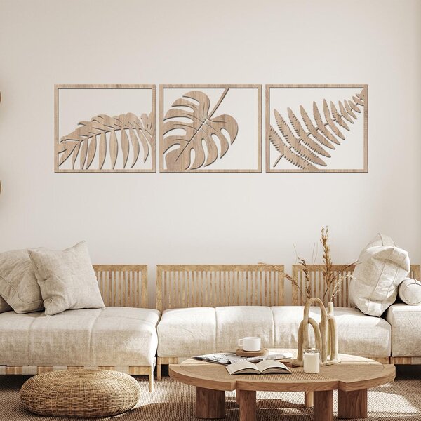 Dřevo života | 3dílný dřevěný obraz exotickych rostlin | Barva: Světlý dub | Rozměry (cm): 30x27
