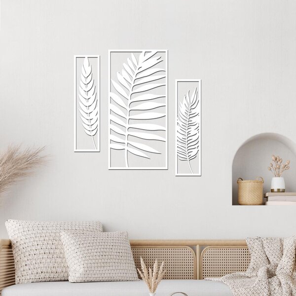 Dřevo života | 3dílný dřevěný obraz listů | Barva: Bílá | Rozměry (cm): 40x40