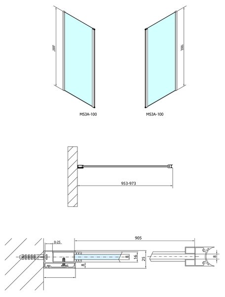Polysan Polysan, MODULAR SHOWER stěna pro instalaci na zeď, pro připojení otoč.panelu 1000 mm, MS3A-100