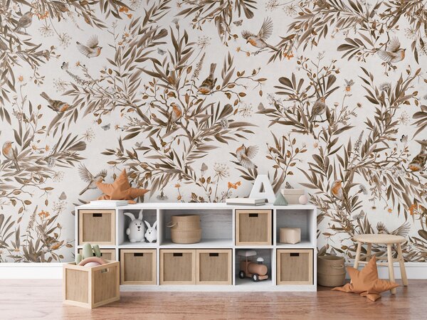 FUGU Tapeta s ptáčky a květinami - Playful Robins vintage bílá Materiál: Digitální eko vlies - klasická tapeta nesamolepicí