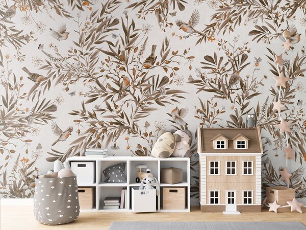 FUGU Tapeta s ptáčky a květinami - Playful Robins vintage bílá Materiál: Digitální eko vlies - klasická tapeta nesamolepicí