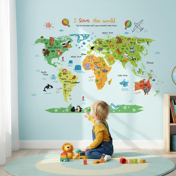 4Leaders Samolepka na zeď dětská mapa světa 120×90 cm
