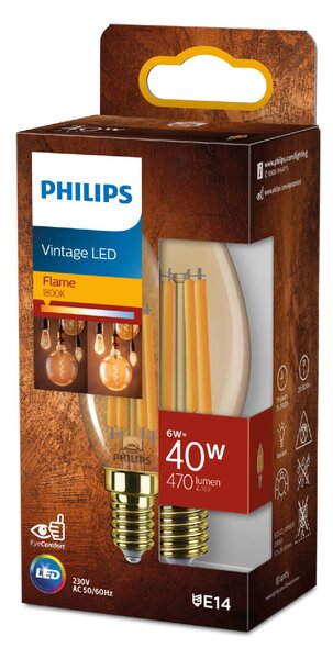 LED filament žárovka E14 B35 6W (40W) 470lm 1800K nestmívatelná, jantarová