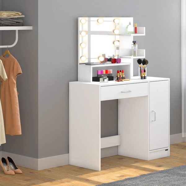 FurniGO Toaletní stolek Jocelyn s LED osvětlením 140x90x40 cm - bílý