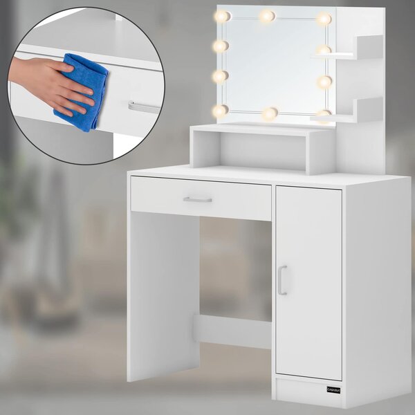 FurniGO Toaletní stolek Jocelyn s LED osvětlením 140x90x40 cm - bílý