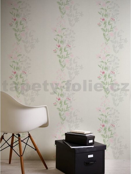 Vliesové tapety na zeď Blooming 37266-2, rozměr 10,05 m x 0,53 m, růžové květy s listy na bílém podkladu, A.S. CRÉATION