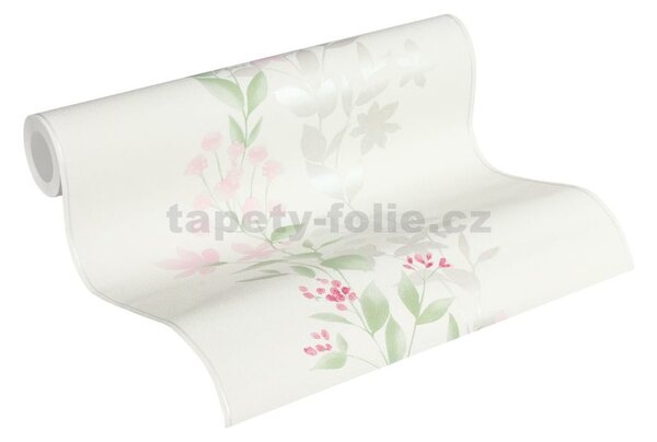 Vliesové tapety na zeď Blooming 37266-2, rozměr 10,05 m x 0,53 m, růžové květy s listy na bílém podkladu, A.S. CRÉATION