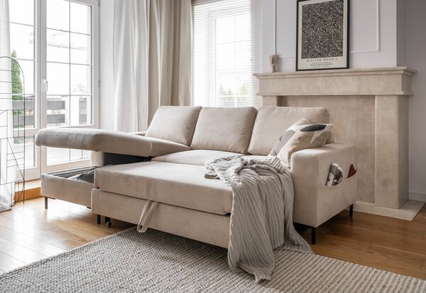 Béžová manšestrová rozkládací rohová pohovka (levý roh) Lofty Lilly – Miuform