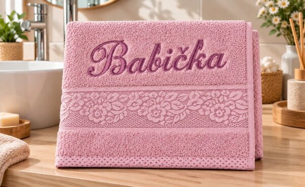 Bellatex Froté ručník orchidea s výšivkou BABIČKA 50x100 cm Babička Růžová