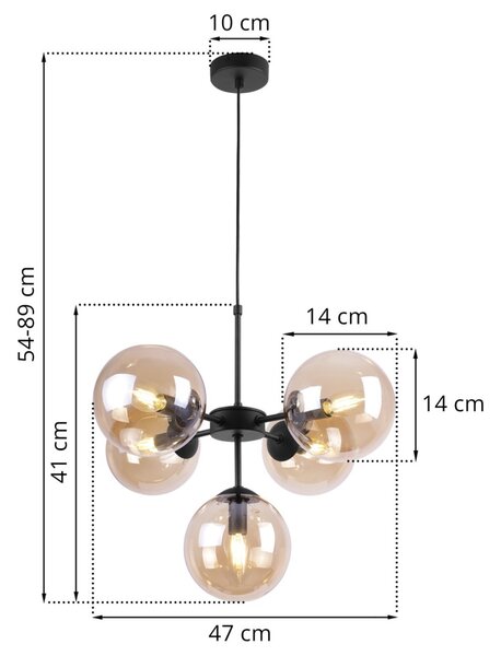 Light for home - Černé světlo s regulací délky a medovými stínidly pro obývák a kancelář "IMPERIA", 5x40W, E14, Černá