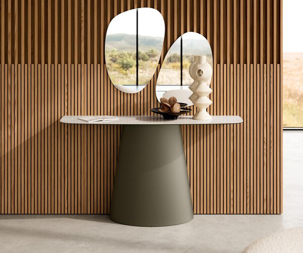 DELIFE Konzolový stůl Edge oválný 140×40 cm keramika onyx champagne Conos kov titanová barva