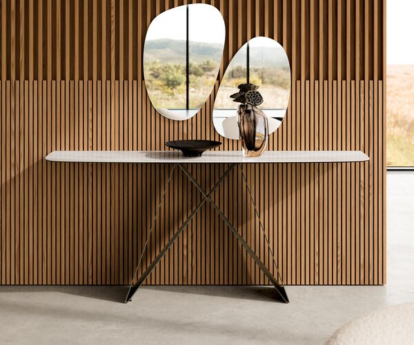 DELIFE Konzolový stůl Edge oválný tvar 180×40 cm keramika onyx champagne Velio kov titanová barva