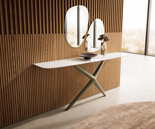 DELIFE Konzolový stůl Edge oválný 180×40 cm keramika onyx champagne Estelo kov titanová barva