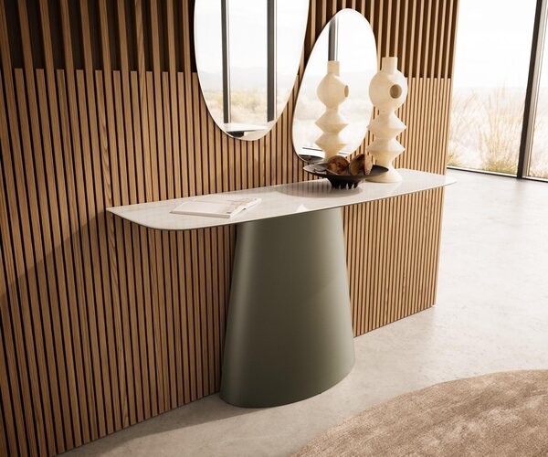 DELIFE Konzolový stůl Edge oválný 140×40 cm keramika onyx champagne Conos kov titanová barva