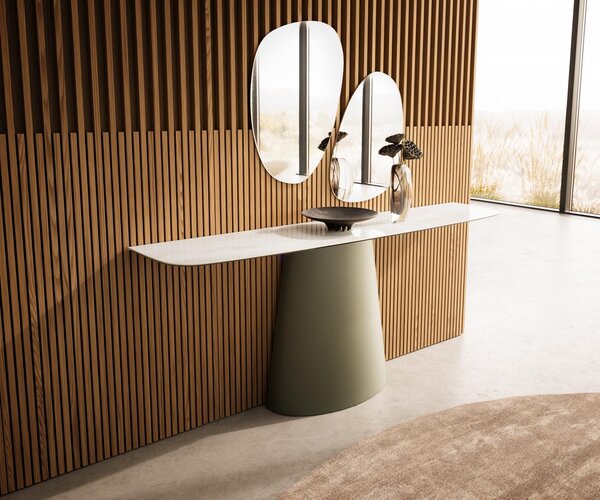 DELIFE Konzolový stůl Edge oválný tvar 180×40 cm keramika onyx champagne Conos kov titanová barva