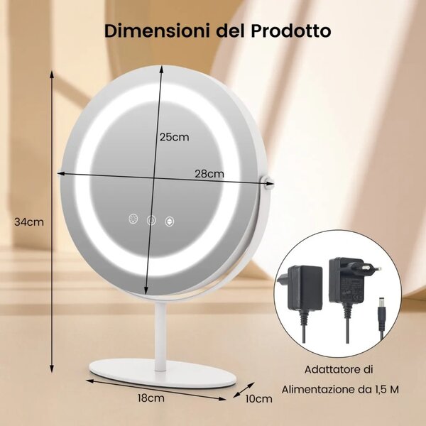 Kosmetické zrcadlo s LED osvětlením, stmívatelné, bílé, průměr 25 cm HU10609DE-WH