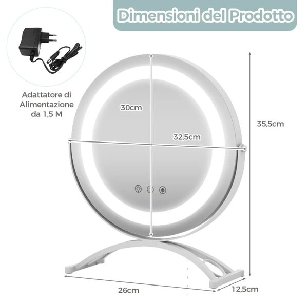 Kosmetické zrcadlo s LED osvětlením, stmívatelné, bílé, průměr 30 cm HU10611DE-WH