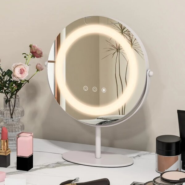 Kosmetické zrcadlo s LED osvětlením, stmívatelné, bílé, průměr 25 cm HU10609DE-WH