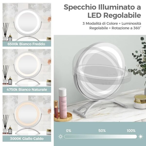 Kosmetické zrcadlo s LED osvětlením, stmívatelné, bílé, průměr 30 cm HU10611DE-WH