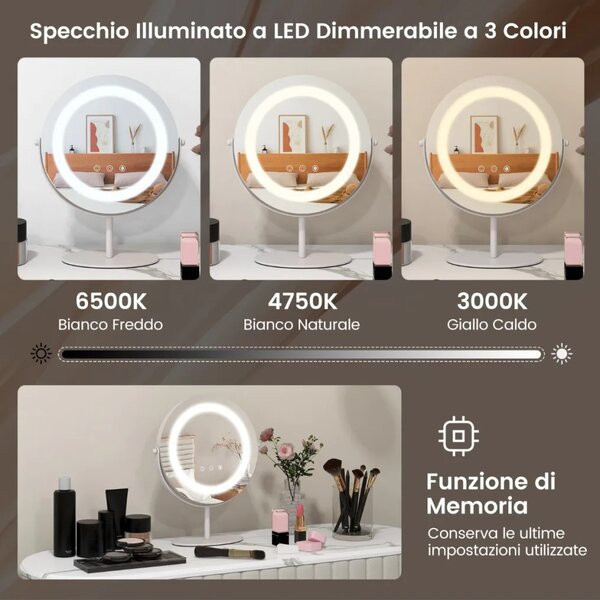 Kosmetické zrcadlo s LED osvětlením, stmívatelné, bílé, průměr 25 cm HU10609DE-WH