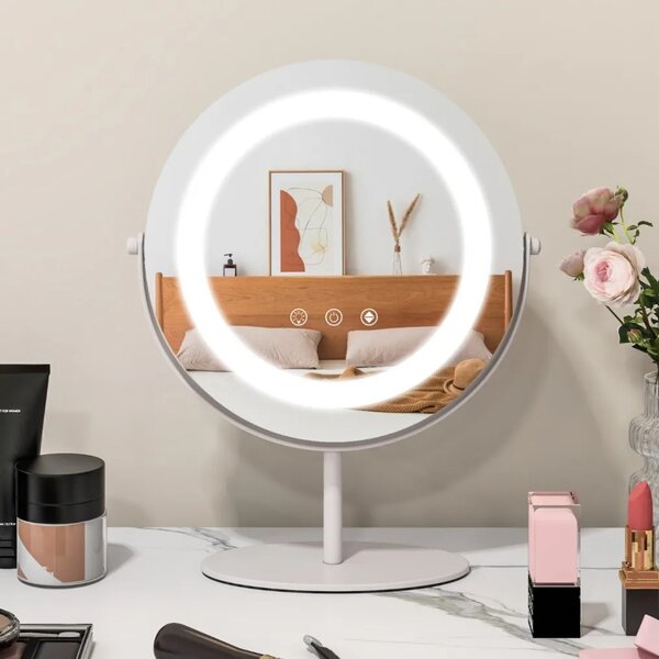 Kosmetické zrcadlo s LED osvětlením, stmívatelné, bílé, průměr 25 cm HU10609DE-WH