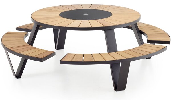 Extremis Jídelní stůl s integrovanou lavicí Pantagruel Picnic, Extremis, kulatý 227x75 cm, rám galvanizovaná ocel, deska a sedací část iroko