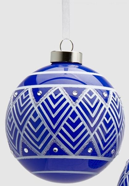 Vánoční skleněná ozdoba se vzorem modrá 1ks, 10 cm - Koule