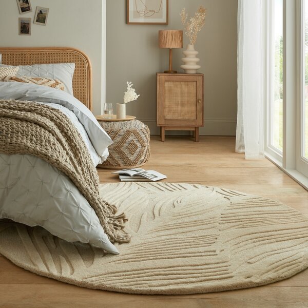 Flair Rugs, Kusový koberec Solace Lino Leaf Natural kruh, 160x160 (průměr) kruh, béžová, ložnice