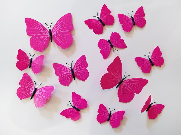 3D dekorace motýli růžová 12 ks 12 kusů 6 cm až 12 cm